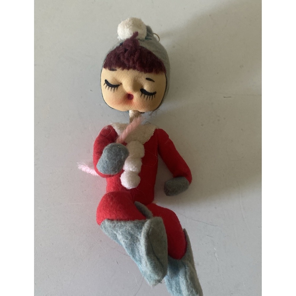 Vintage Pixie Elf Knee Hugger Ornament Japan 50s Christmas Sockinette Bendable